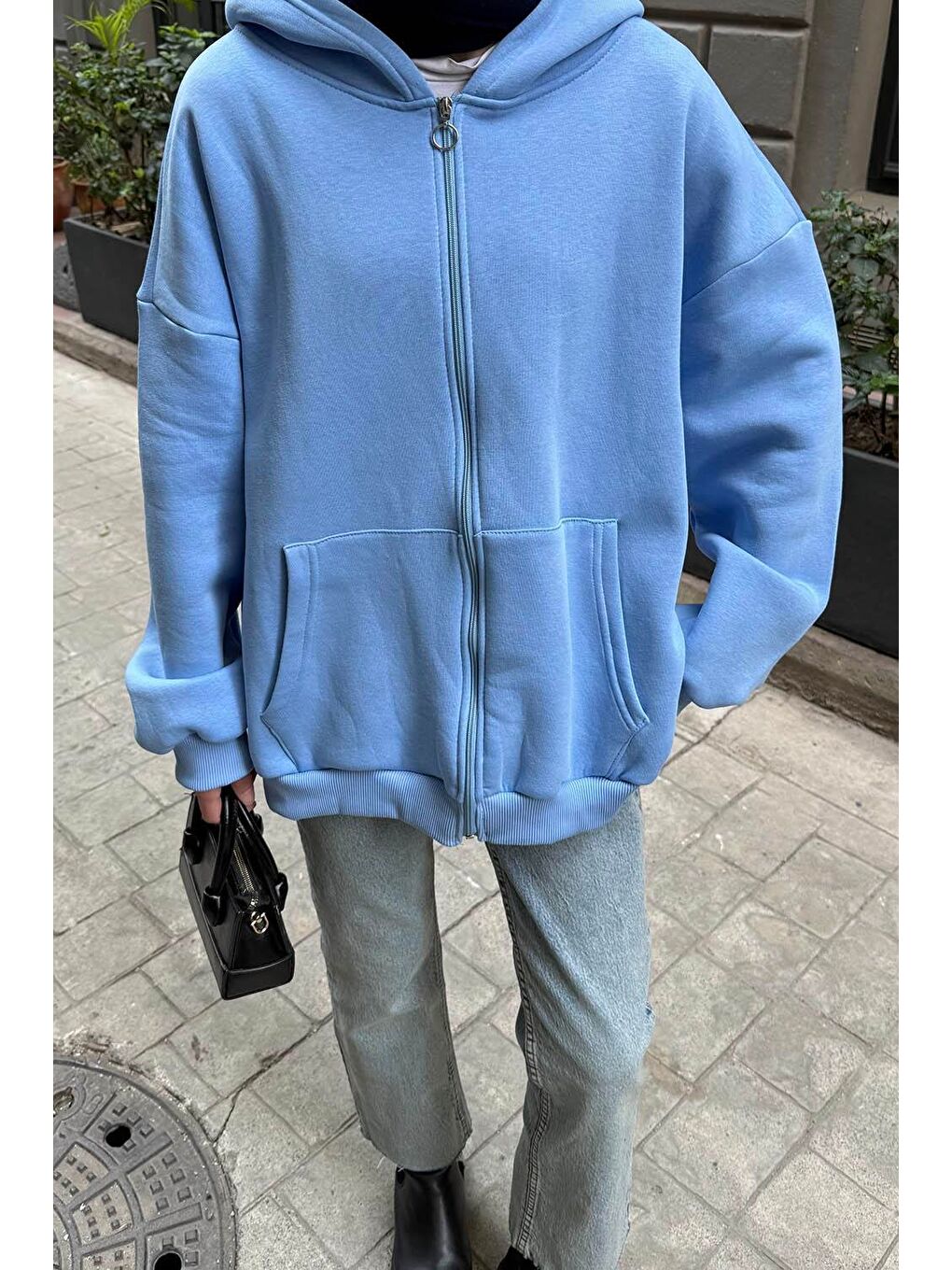 Kapüşonlu Oversize Yan Cepli Sweat Bebe Mavisi-2