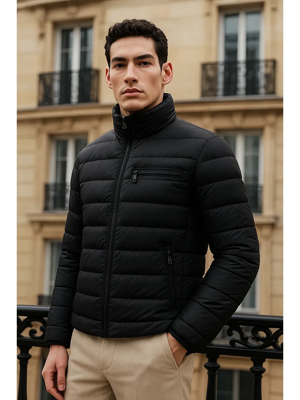 Erkek Trend Basic Dik Yaka Kışlık Siyah Şişme Mont-1