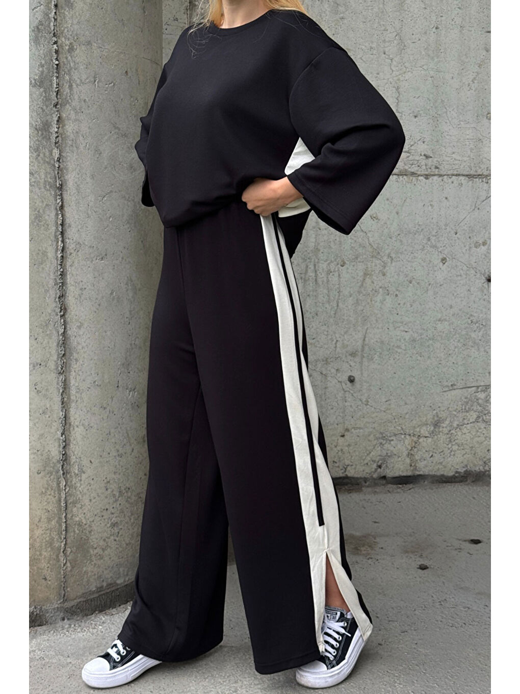 Yanları Şerit Detay Alt Üst Takım Siyah-2