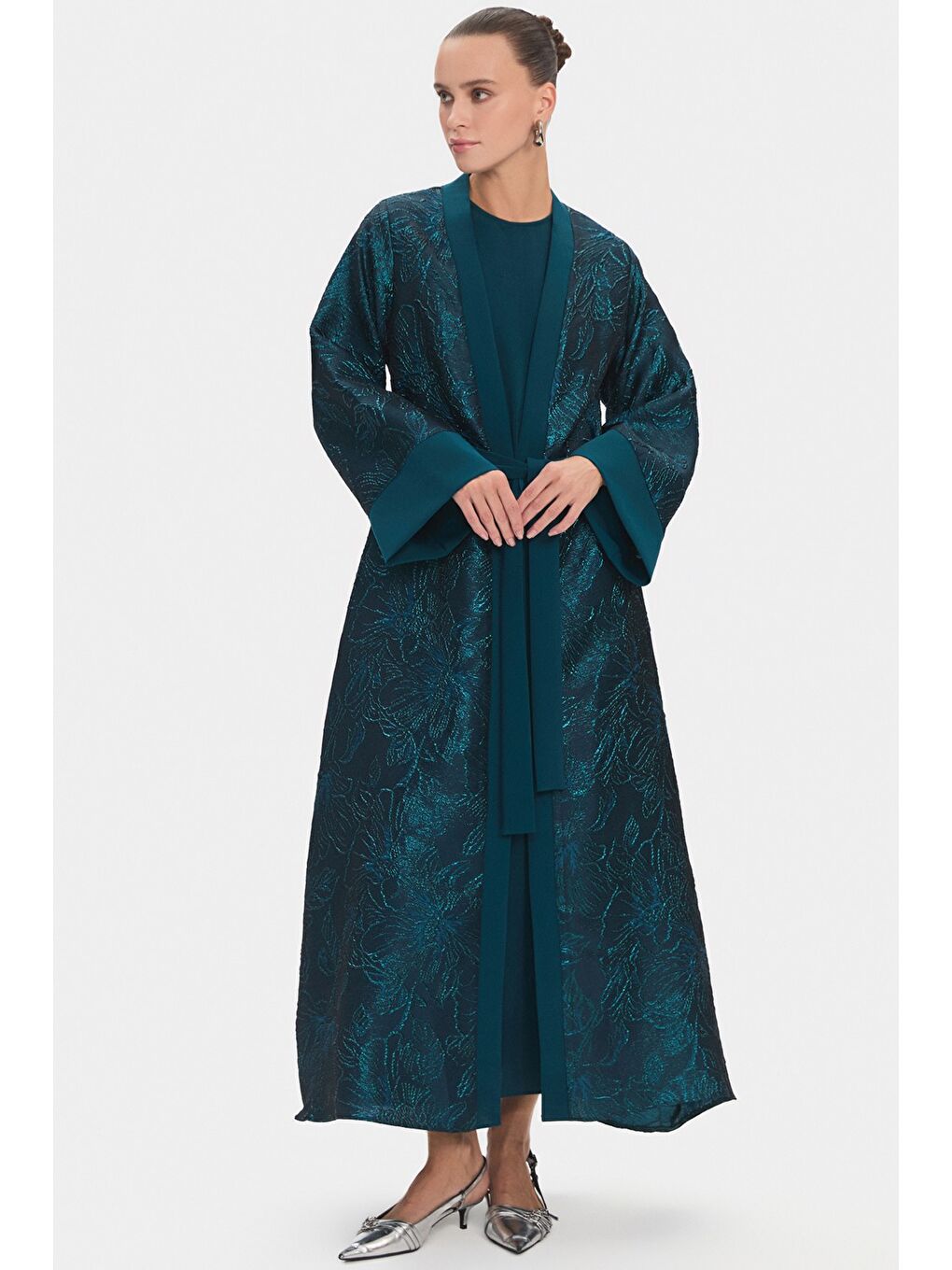 Petrol Kadın Işlemeli Belden Bağlamalı Abaya-2