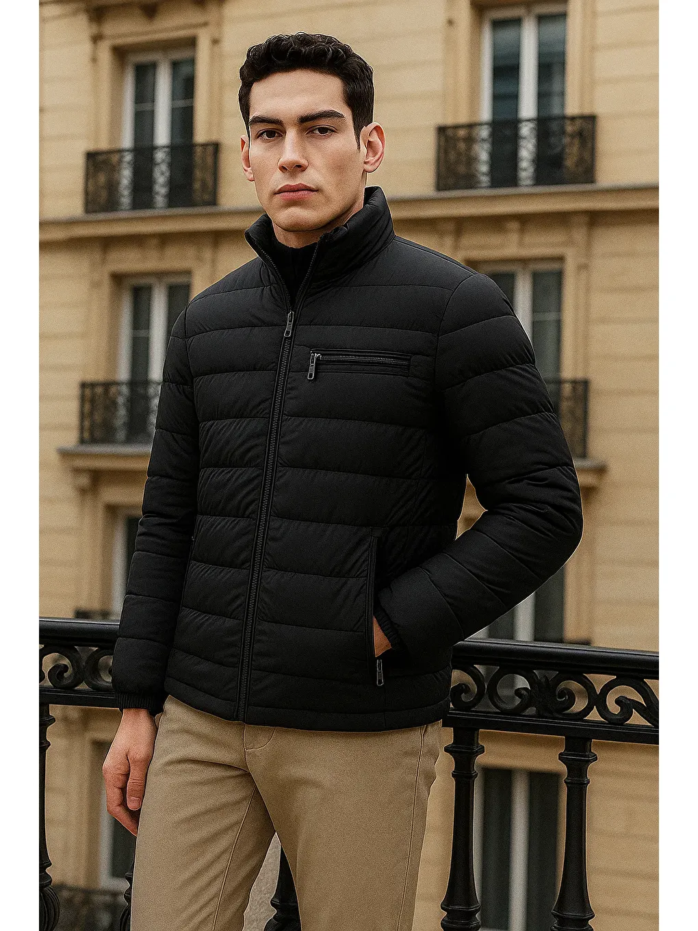 Erkek Trend Basic Dik Yaka Kışlık Siyah Şişme Mont-3