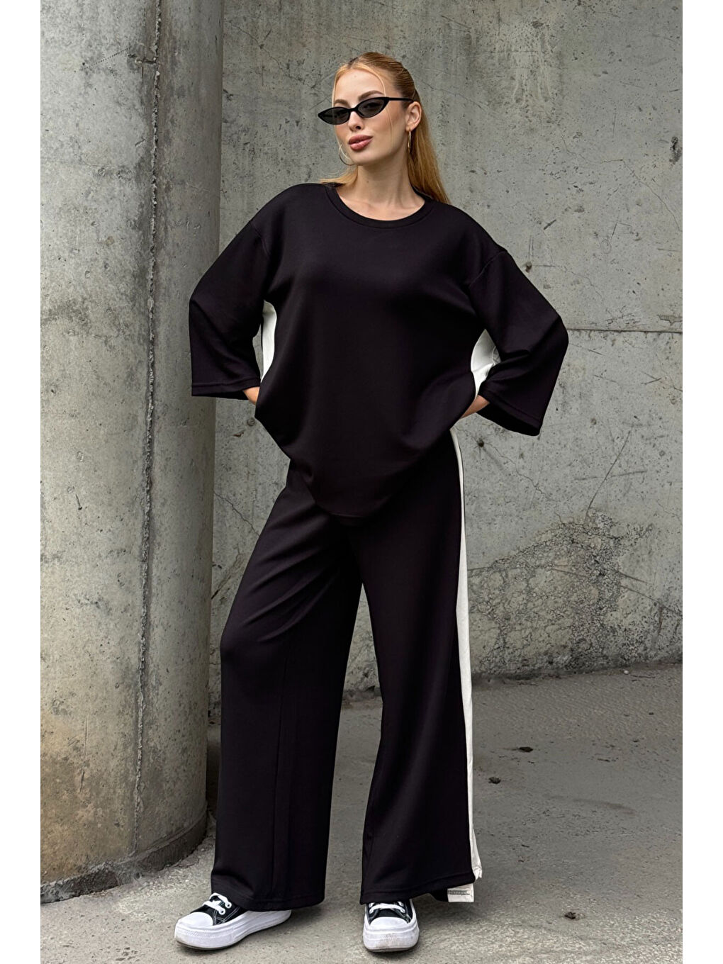 Yanları Şerit Detay Alt Üst Takım Siyah-4