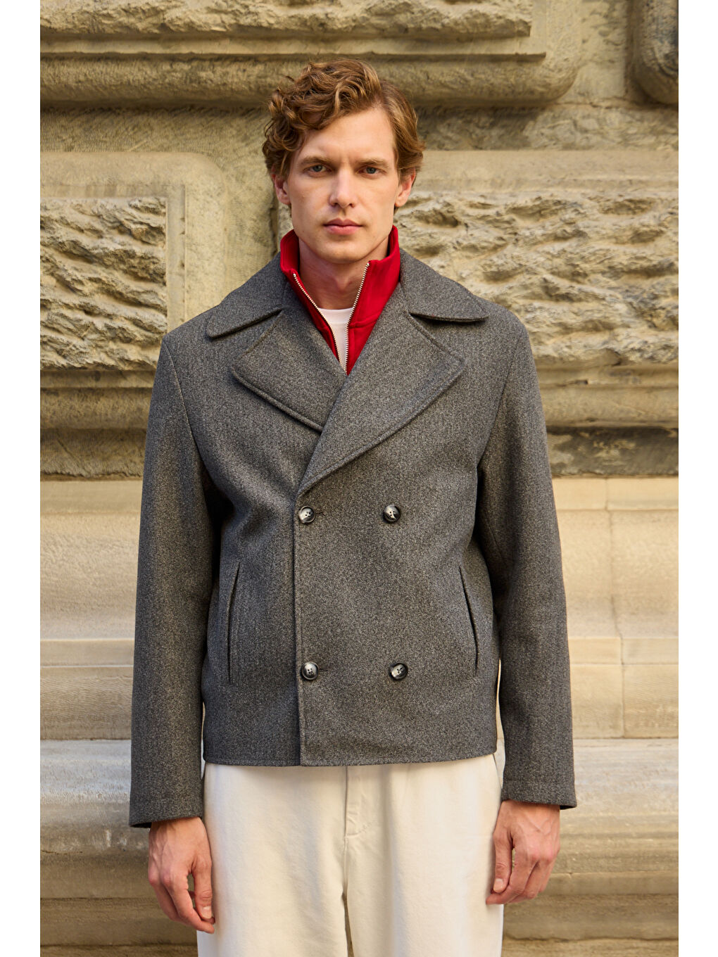Erkek Kruvaze Kaşe Mont Ceket Gri-2