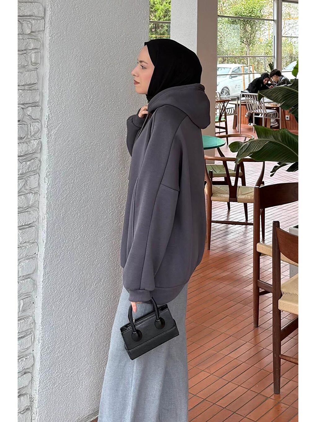 Kapüşonlu Oversize Yan Cepli Sweat Antrasit-1