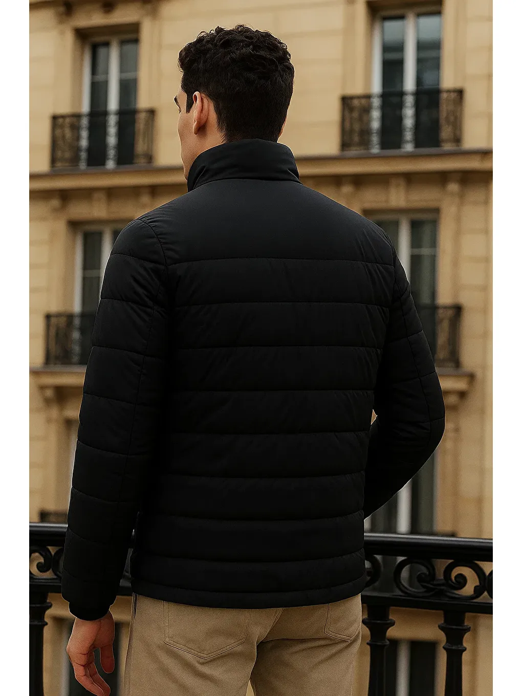 Erkek Trend Basic Dik Yaka Kışlık Siyah Şişme Mont-5