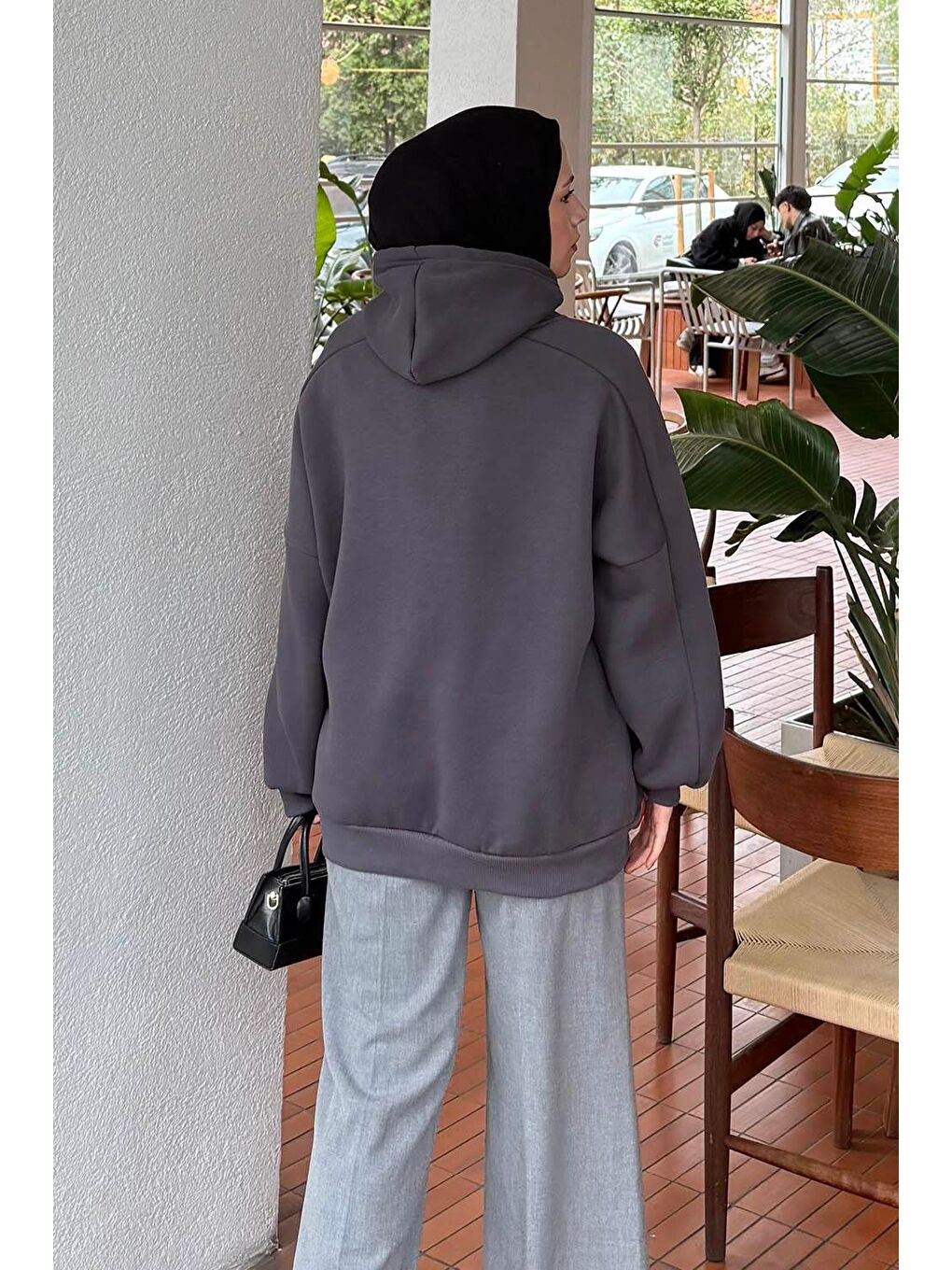 Kapüşonlu Oversize Yan Cepli Sweat Antrasit-3