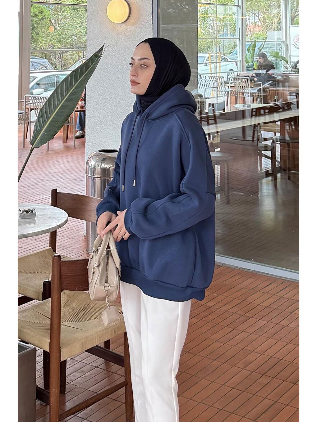 Kapüşonlu Oversize Yan Cepli Sweat İndigo-1