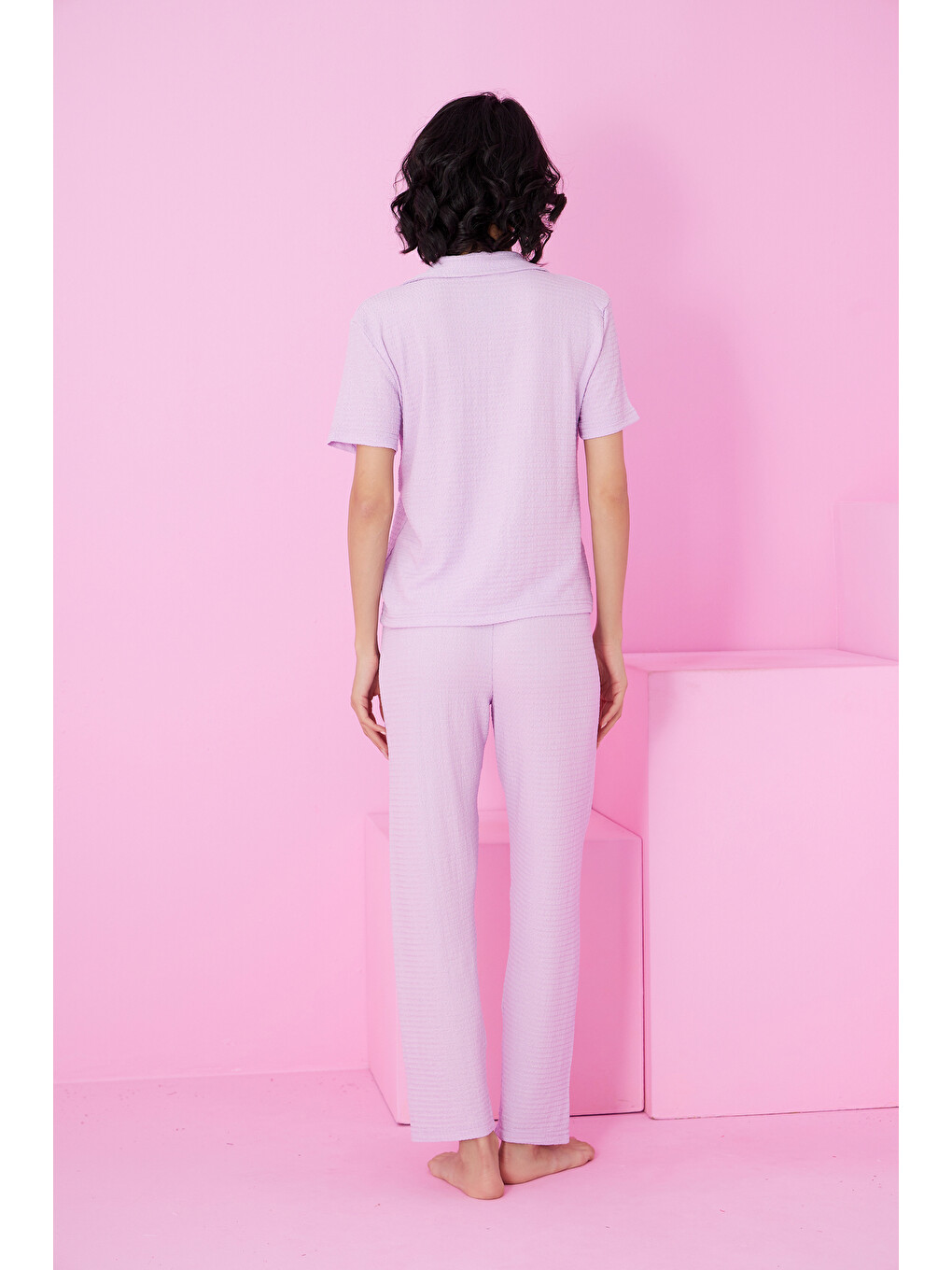 Lila Bürümcük Krınkıl Kumaş Örme Düğmeli Pijama Takım7873-2