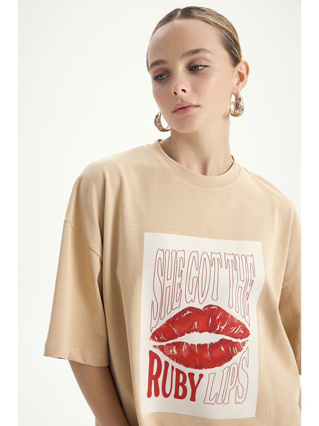 Bej Lip Print Oversize Vizon T-Shirt-2
