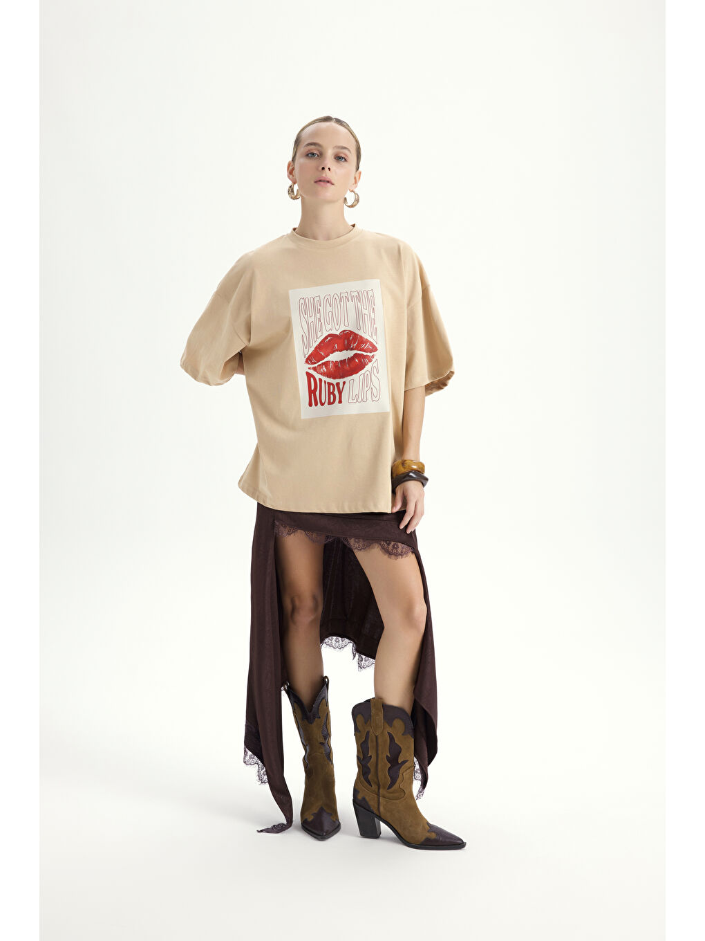 Bej Lip Print Oversize Vizon T-Shirt-3