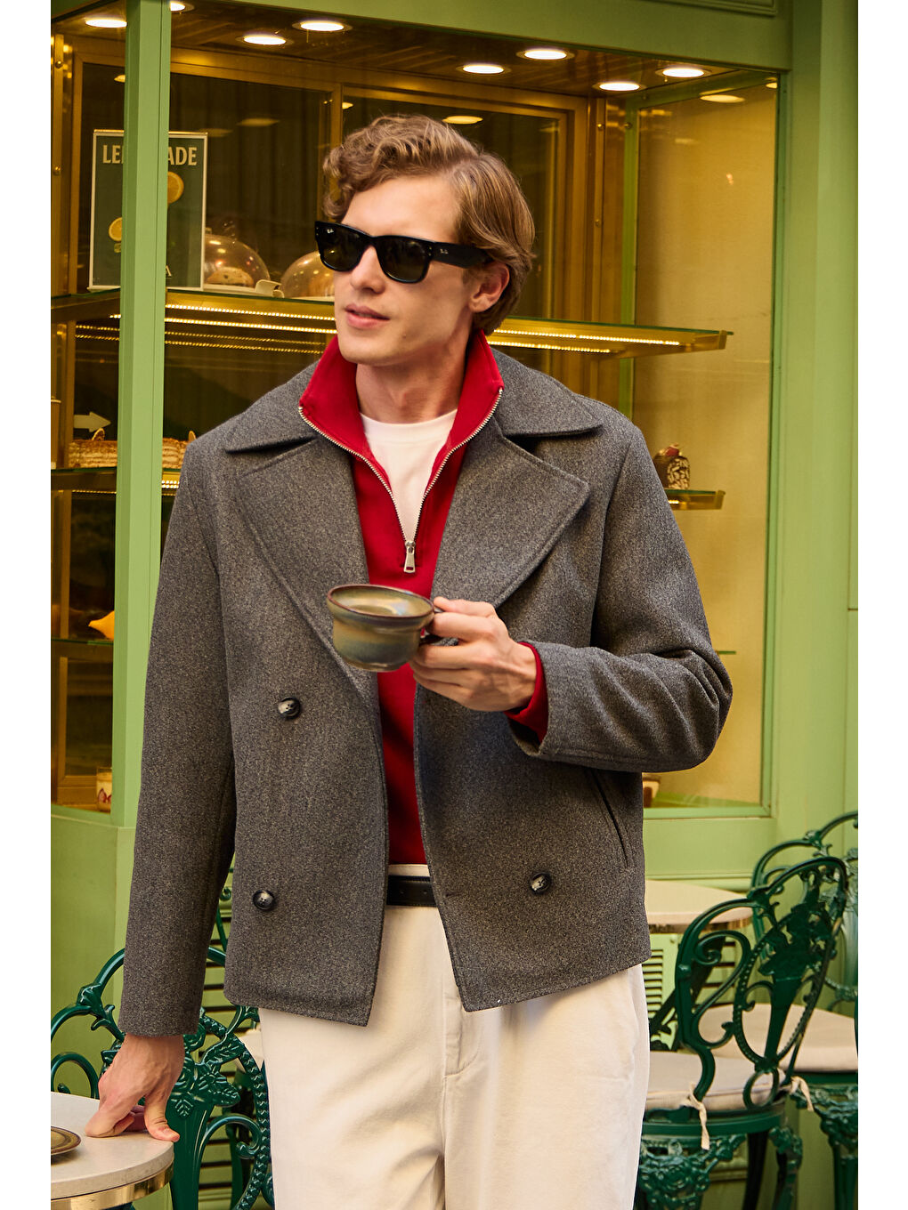 Erkek Kruvaze Kaşe Mont Ceket Gri-5