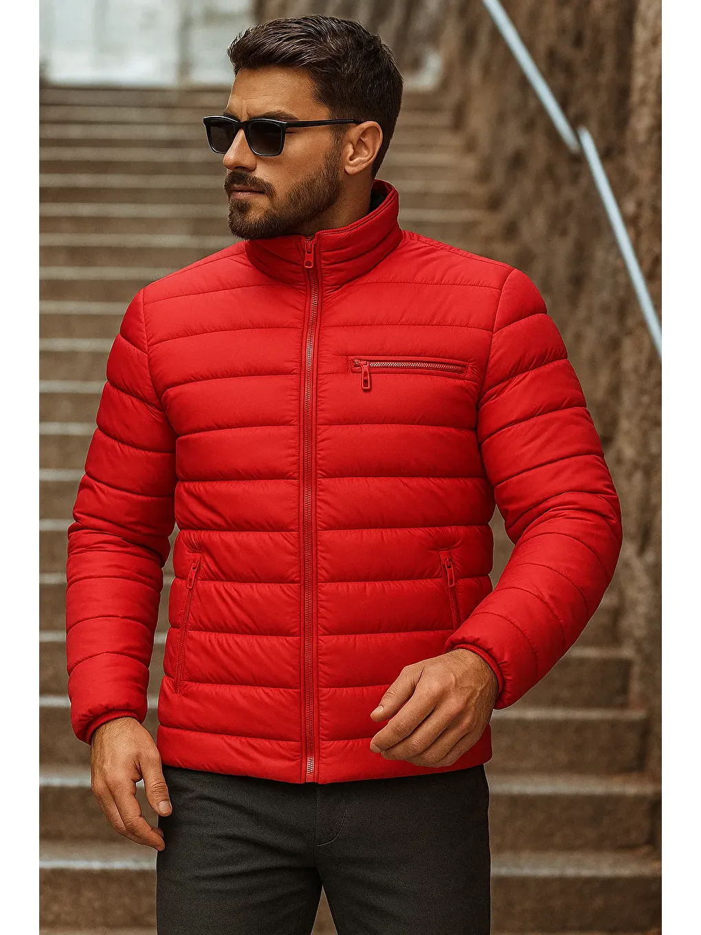 Kırmızı Erkek Kışlık Basic Dik Yaka Fermuarlı Kıırmızı Şişme Mont-1