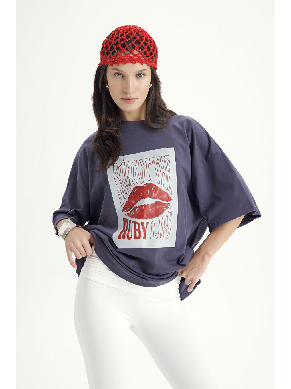 Gri Lip Print Oversize Füme T-Shirt