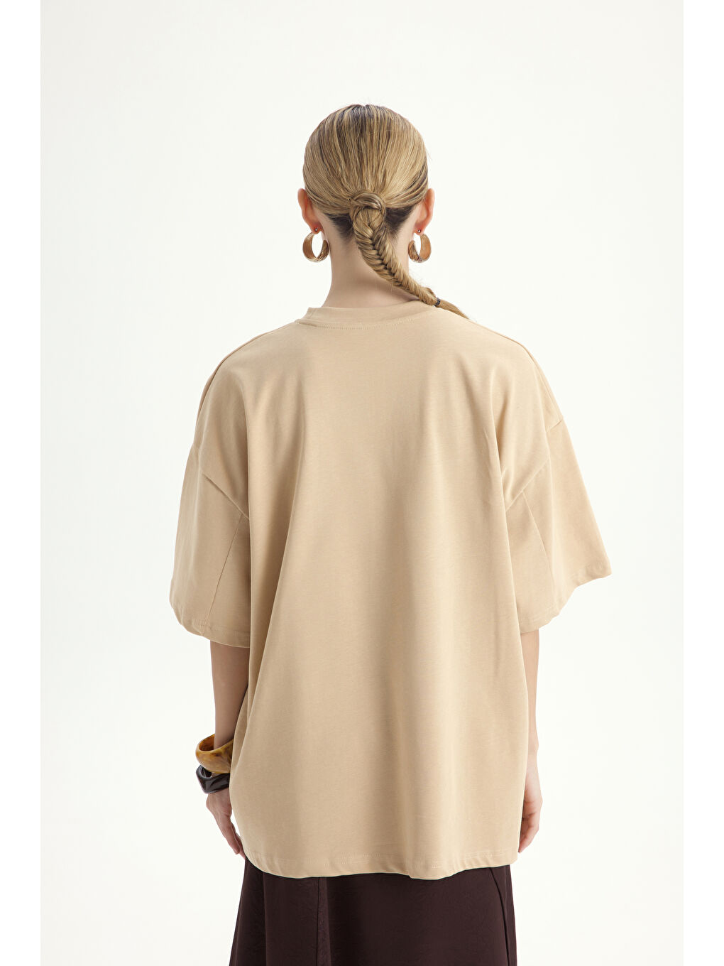 Bej Lip Print Oversize Vizon T-Shirt-4