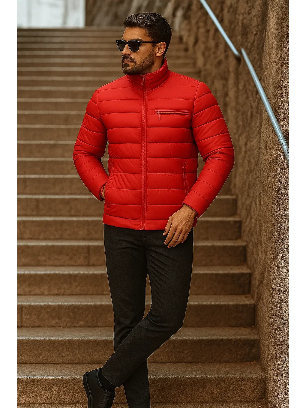 Kırmızı Erkek Kışlık Basic Dik Yaka Fermuarlı Kıırmızı Şişme Mont-2