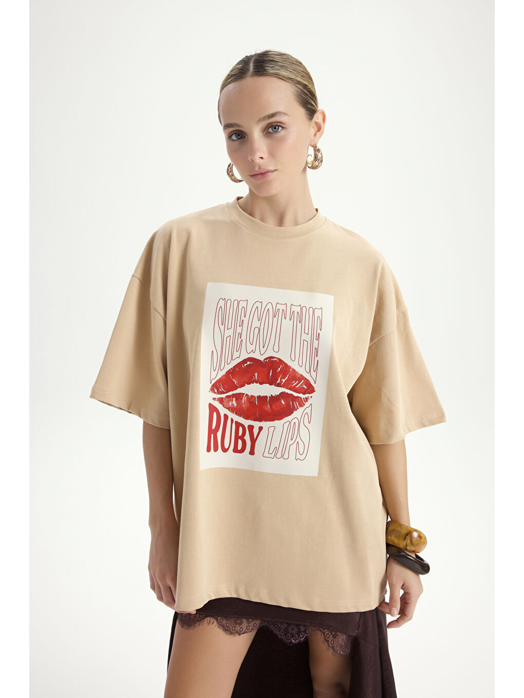 Bej Lip Print Oversize Vizon T-Shirt-5