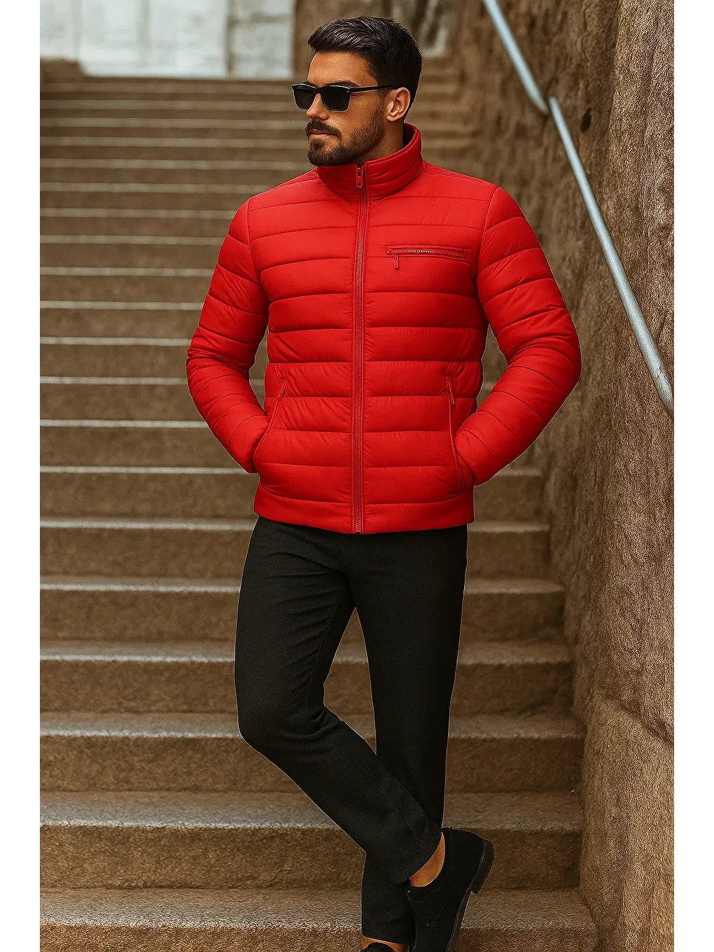 Kırmızı Erkek Kışlık Basic Dik Yaka Fermuarlı Kıırmızı Şişme Mont-3