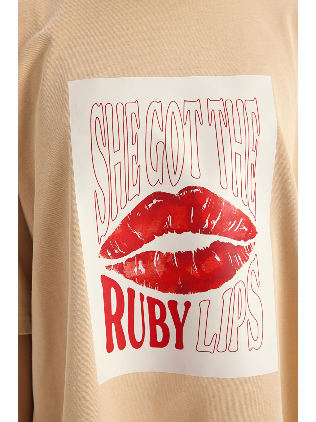 Bej Lip Print Oversize Vizon T-Shirt-6