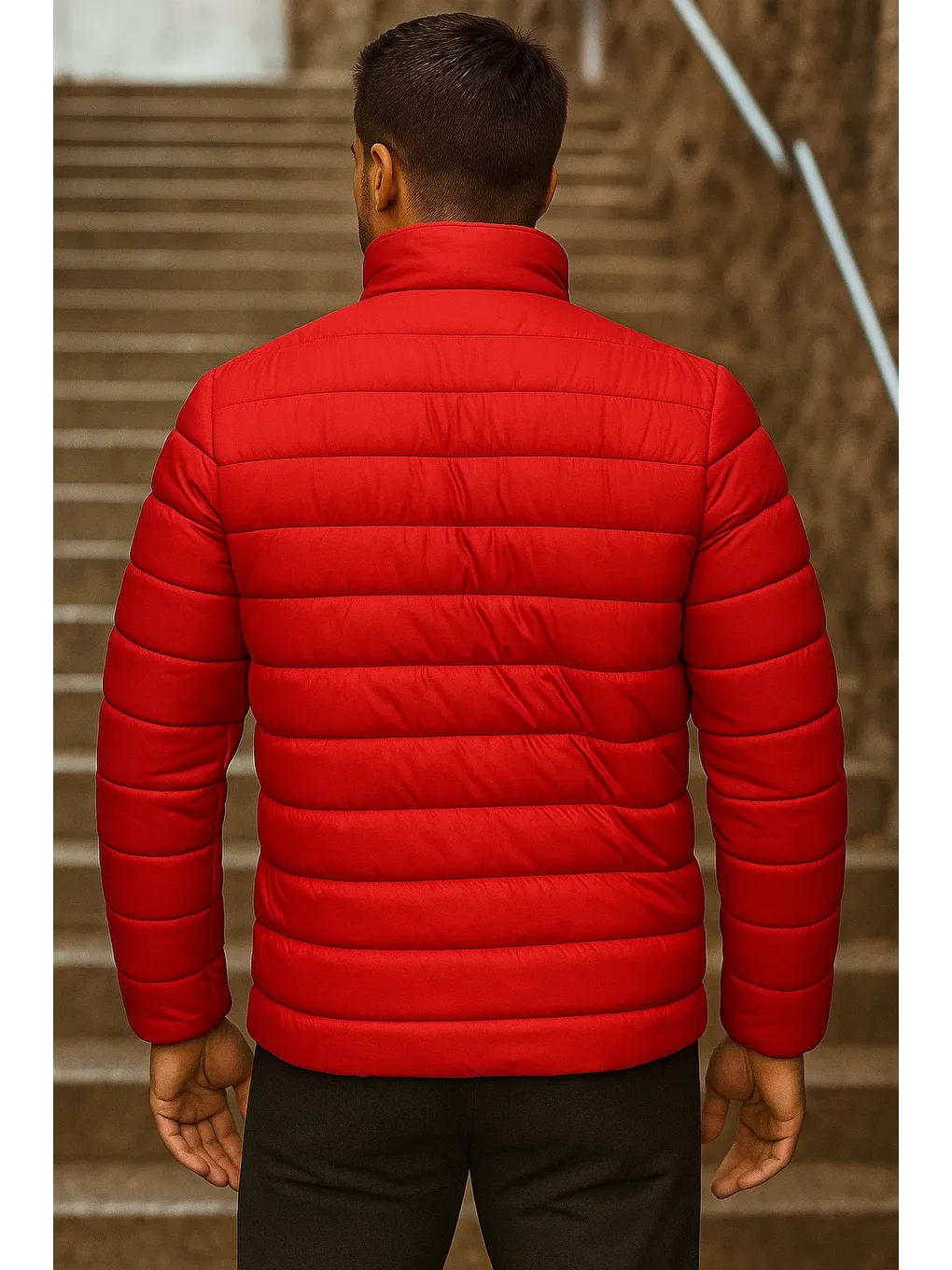 Kırmızı Erkek Kışlık Basic Dik Yaka Fermuarlı Kıırmızı Şişme Mont-4