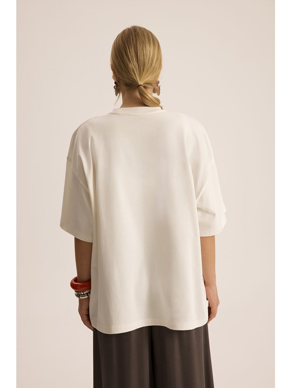 Lip Print Oversize Beyaz T-Shirt-4