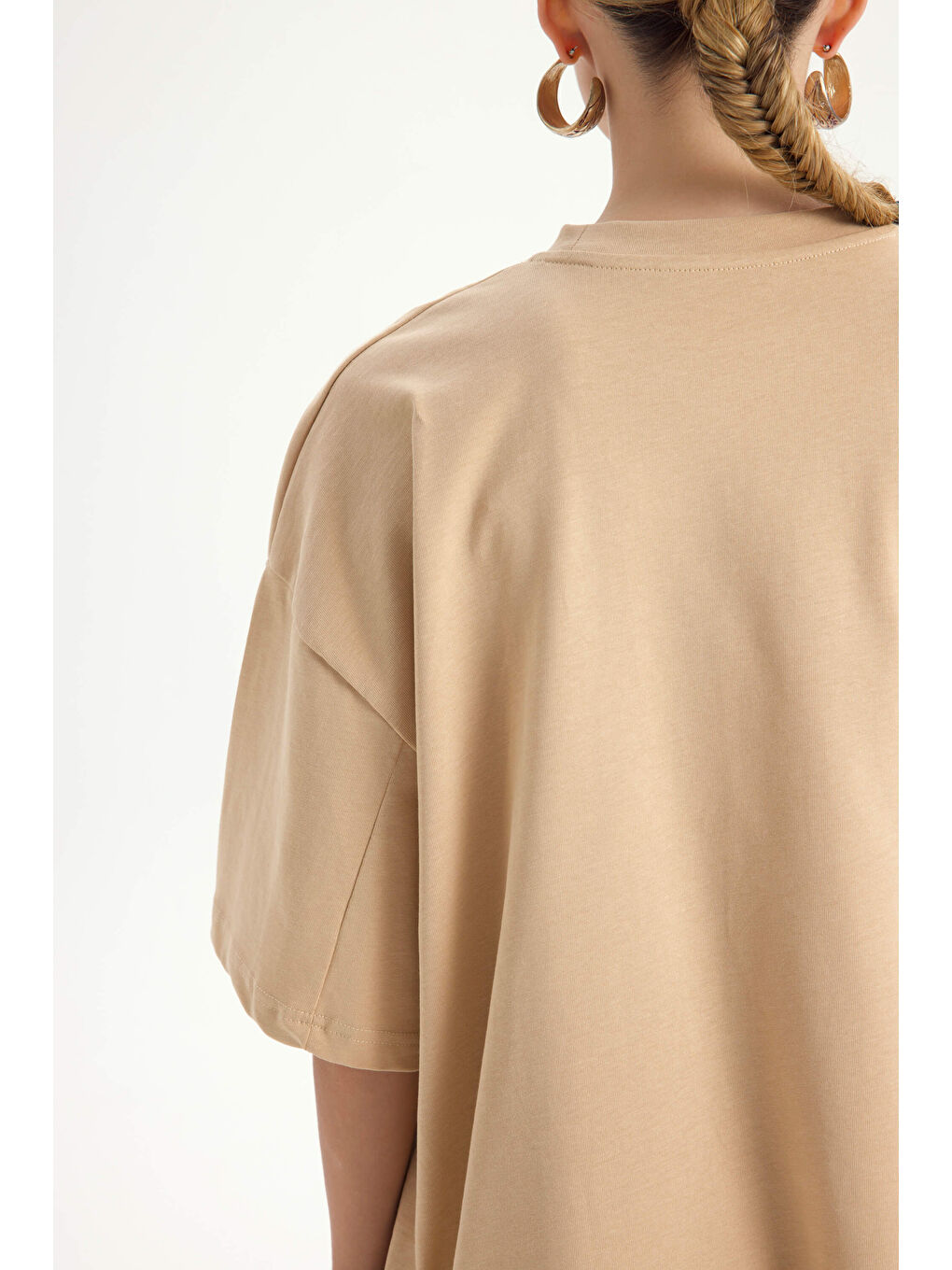 Bej Lip Print Oversize Vizon T-Shirt-7