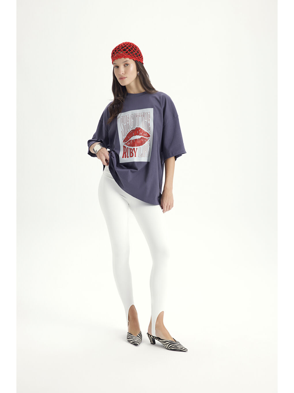 Gri Lip Print Oversize Füme T-Shirt-3