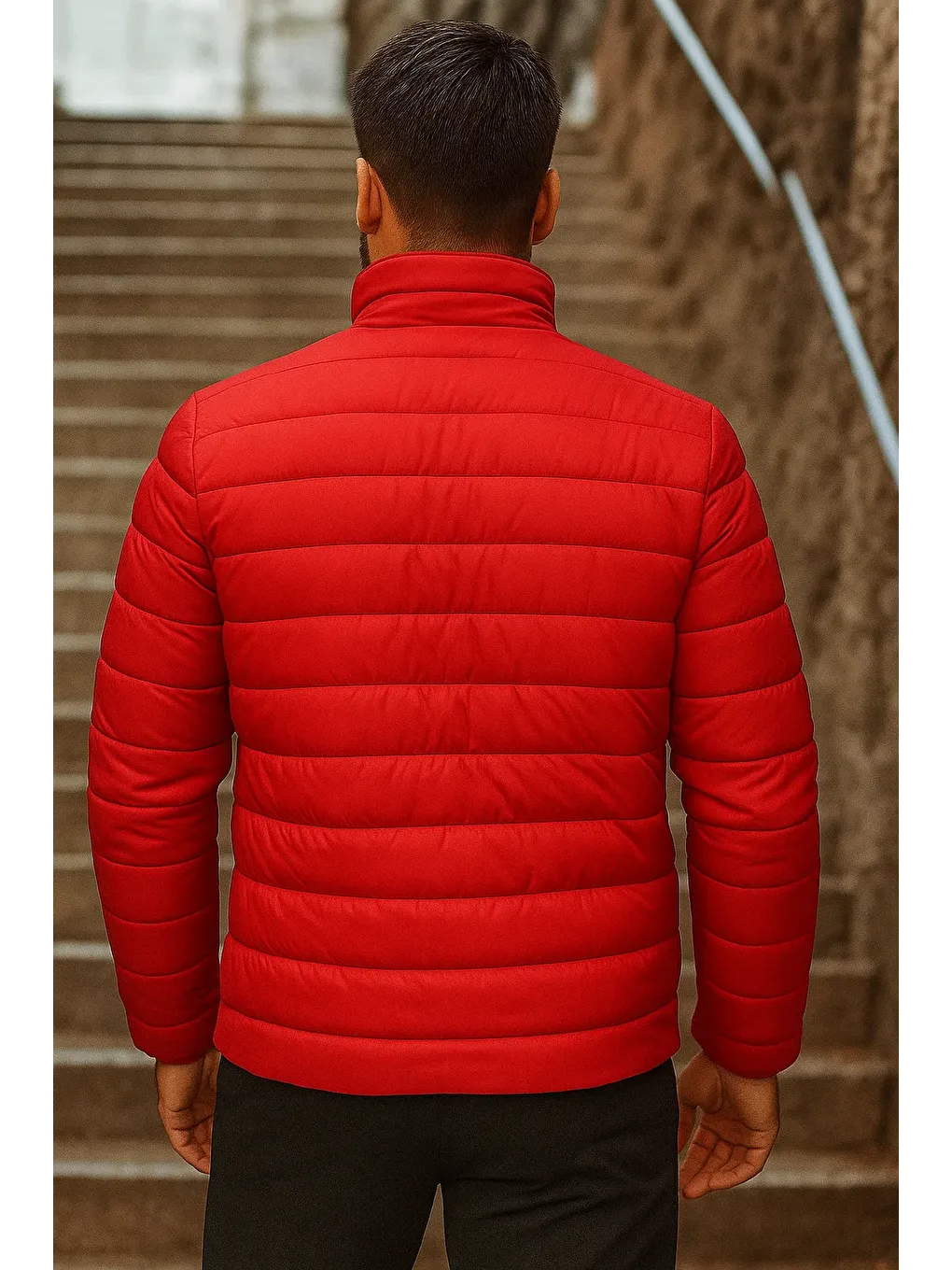 Kırmızı Erkek Kışlık Basic Dik Yaka Fermuarlı Kıırmızı Şişme Mont-5