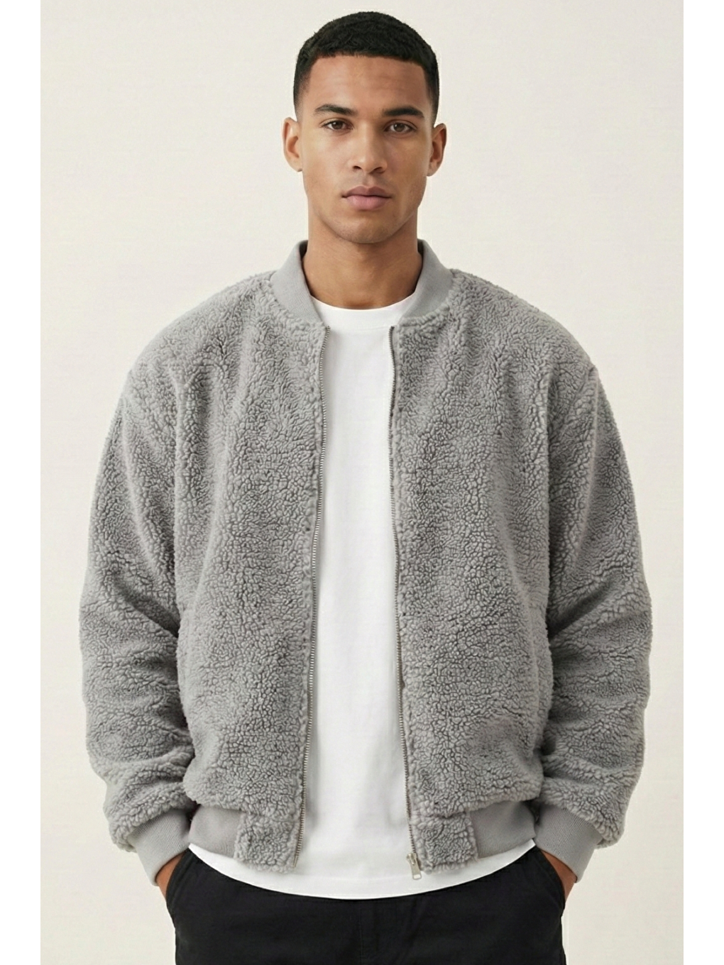 Gri Erkek Mont Pelüş İçi Astarlı Oversize Geniş Kalıp Sherpa Kuzu Kumaş Spor Mont