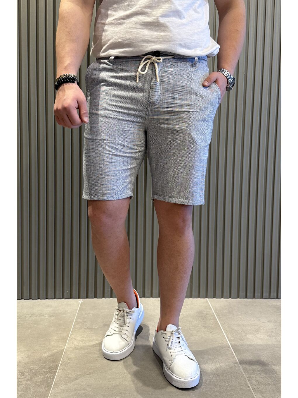 Gri Bel Bağcıklı Keten Erkek Şort