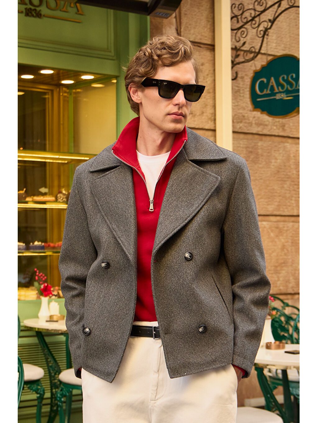 Erkek Kruvaze Kaşe Mont Ceket Gri-6