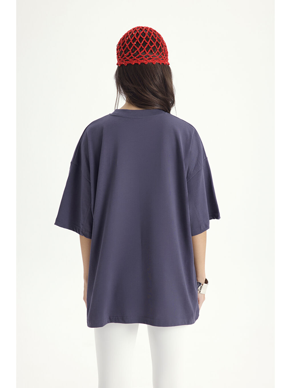 Gri Lip Print Oversize Füme T-Shirt-4