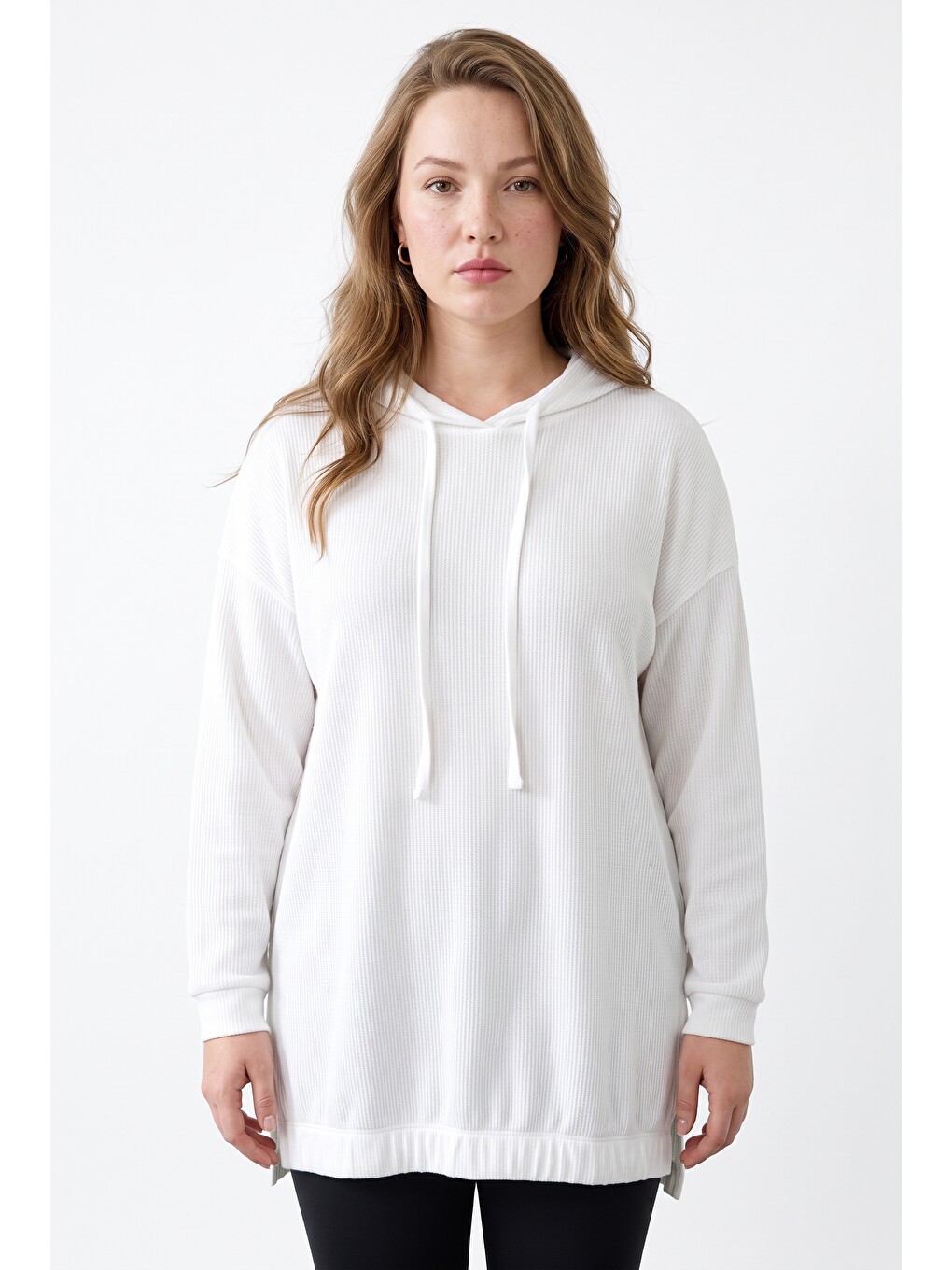 Beyaz Fitilli Kumaş Kapüşonlu Sweatshirt-1