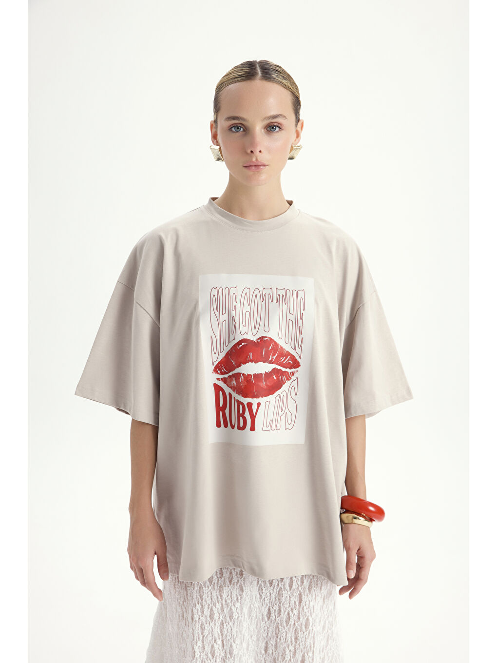 Bej Lip Print Oversize Taş T-Shirt-2