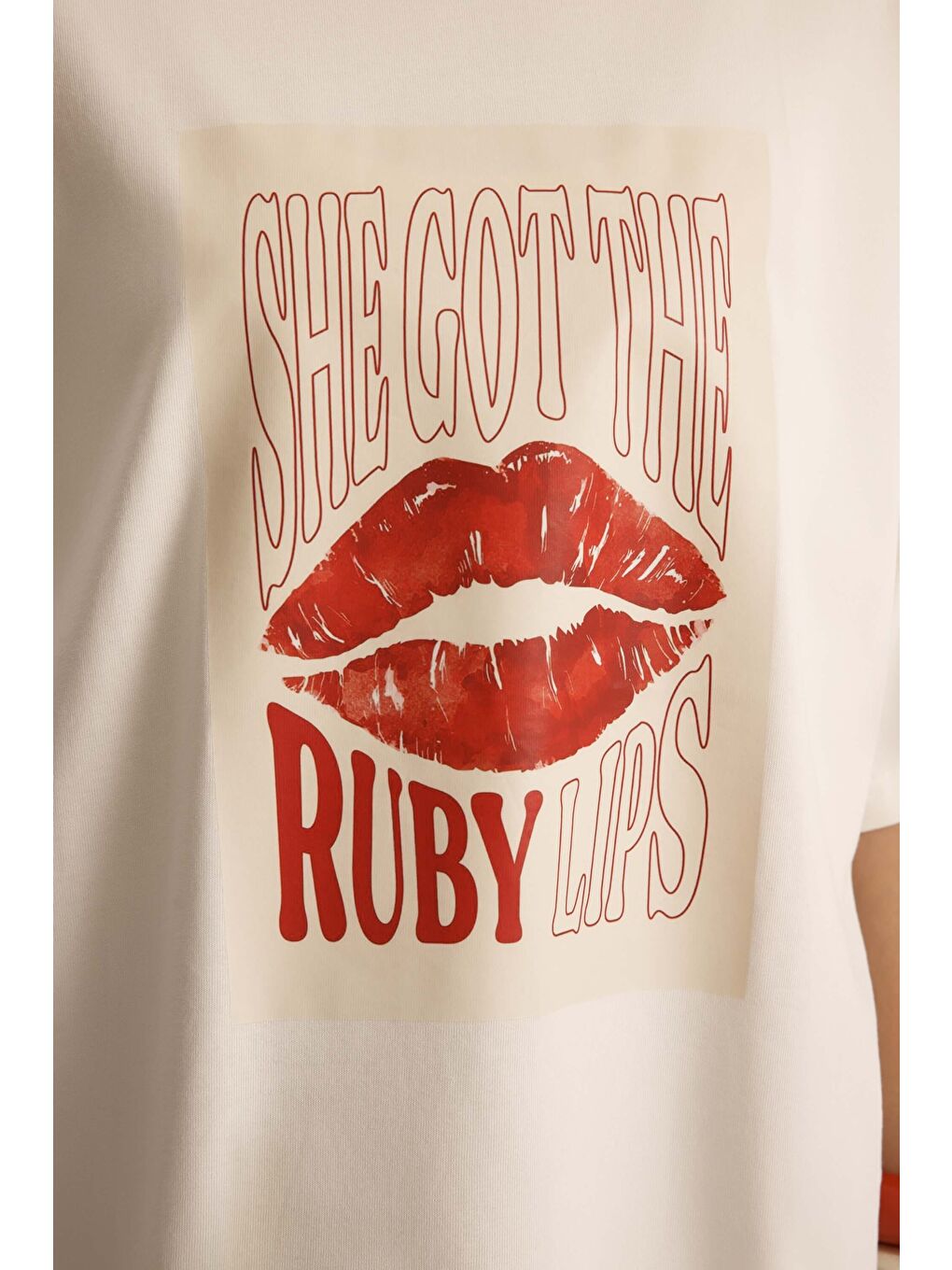 Lip Print Oversize Beyaz T-Shirt-7