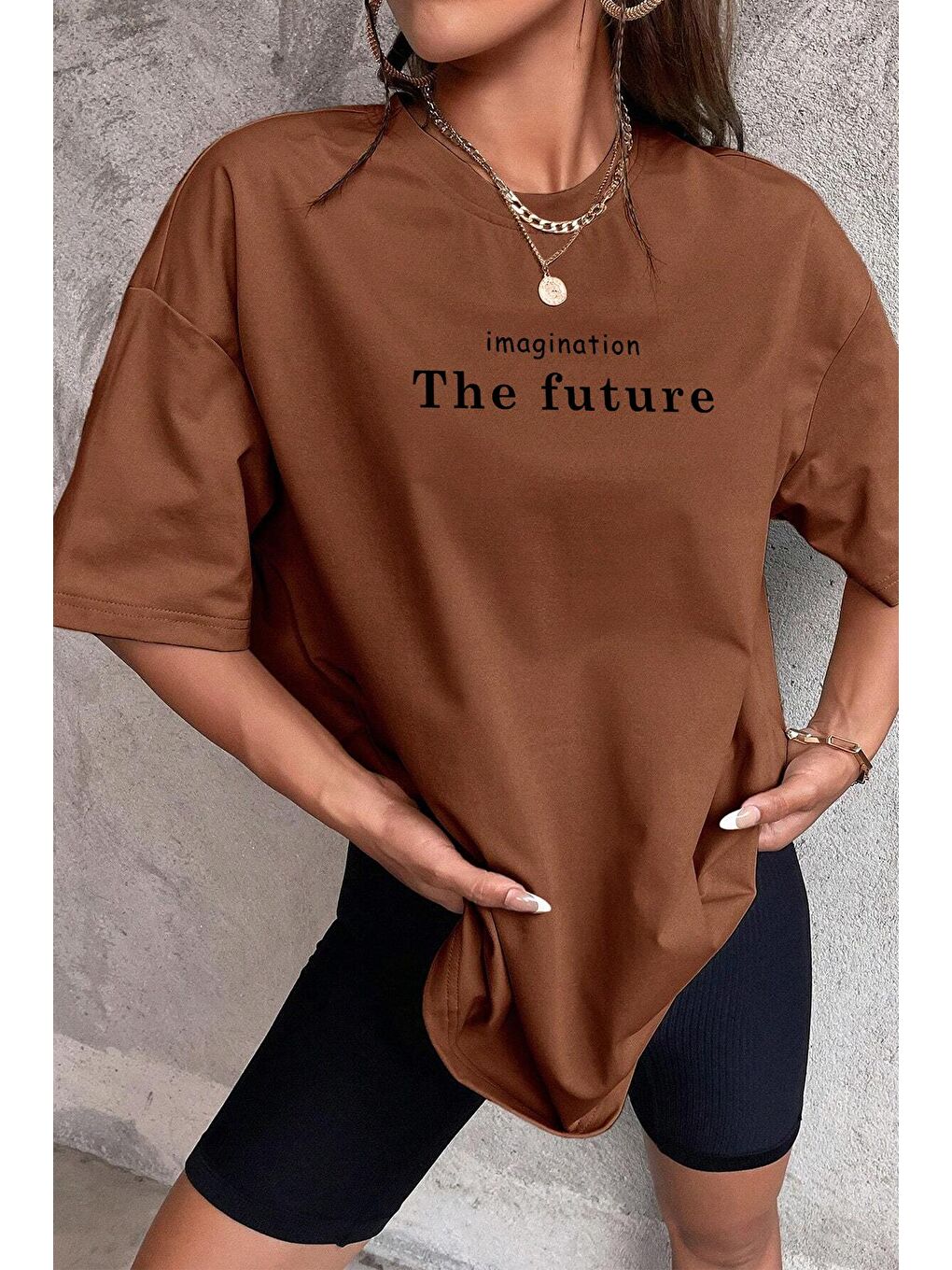 uyguntarz Açık Kahverengi Unisex The Future Baskılı Oversize T-shirt