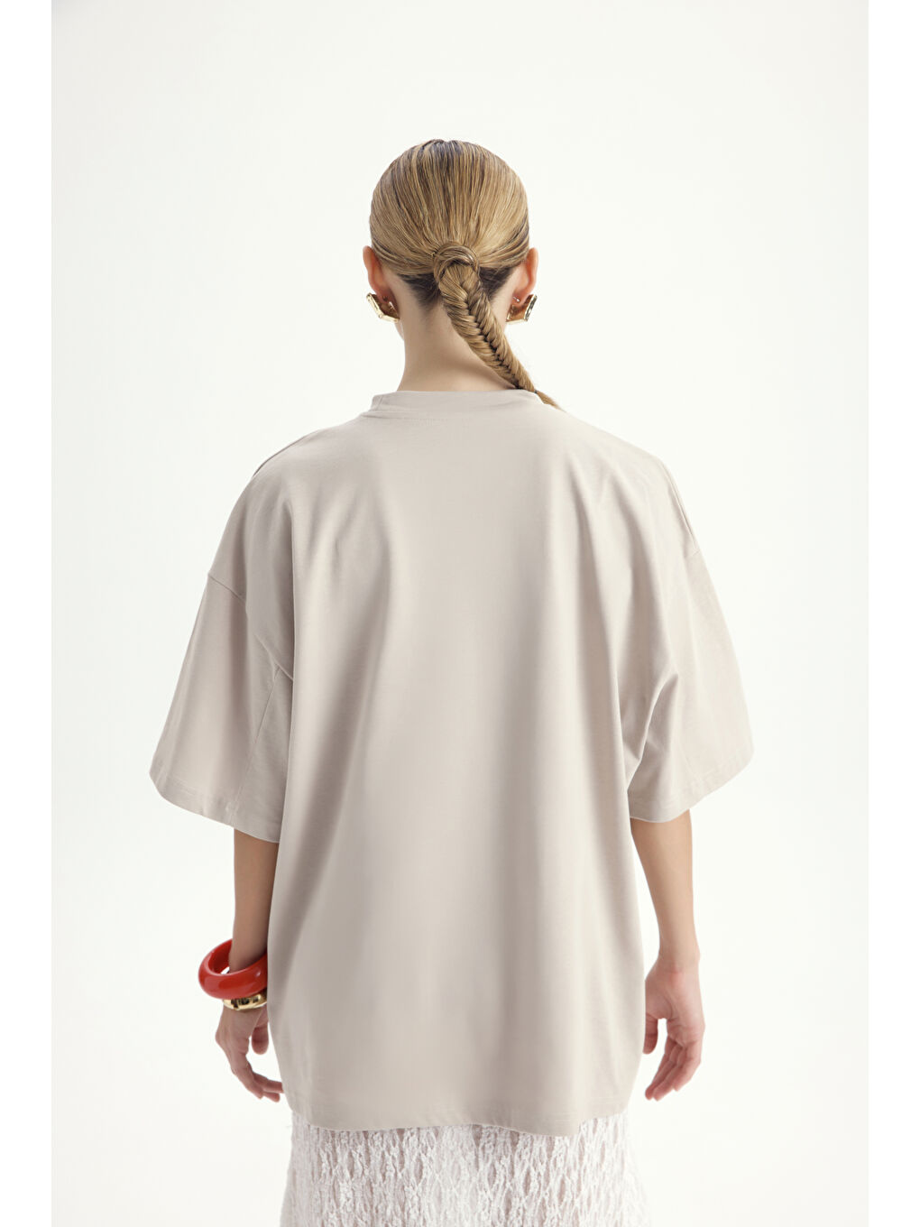Bej Lip Print Oversize Taş T-Shirt-4