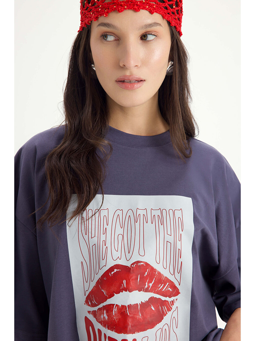 Gri Lip Print Oversize Füme T-Shirt-6