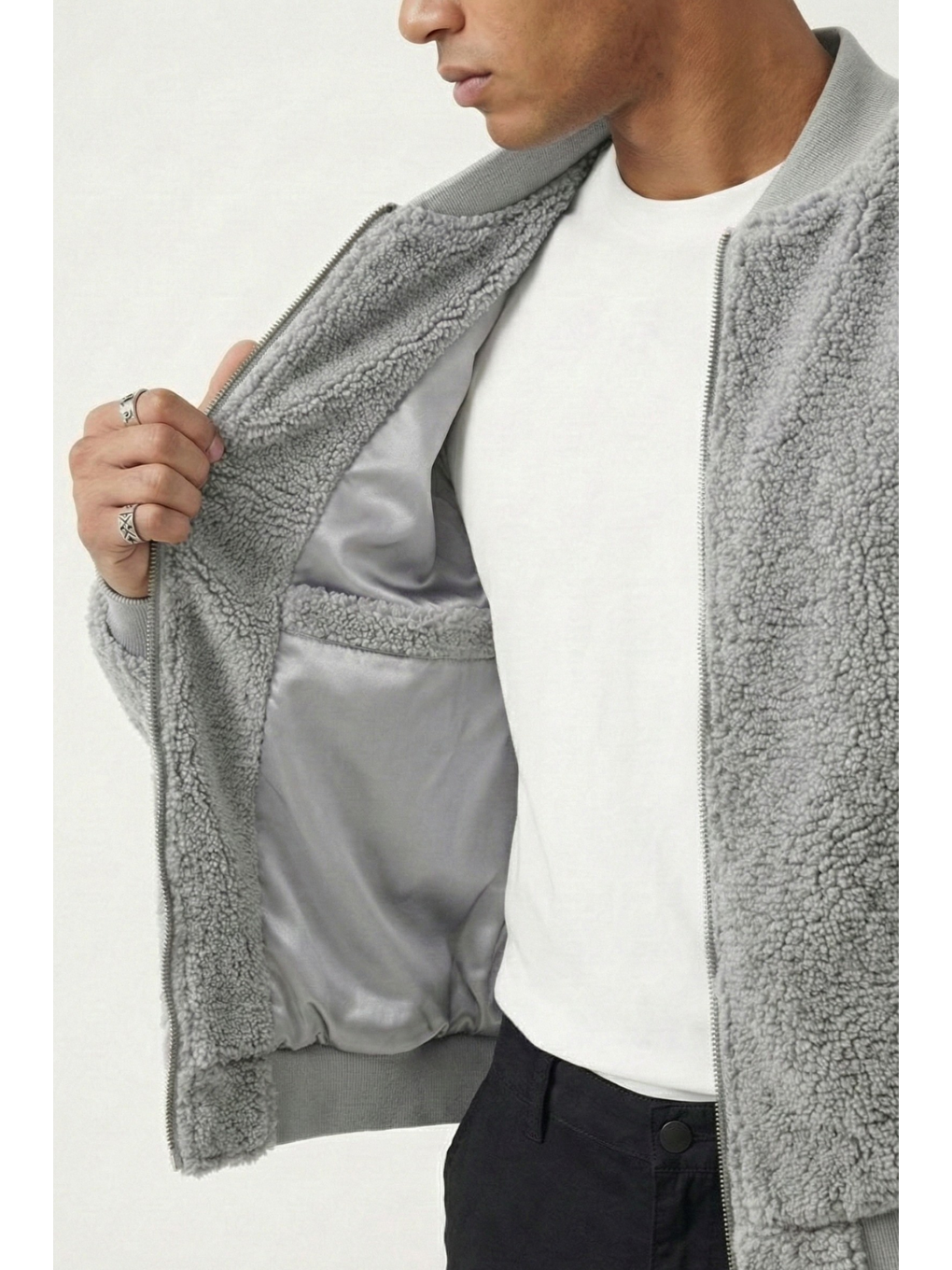 Gri Erkek Mont Pelüş İçi Astarlı Oversize Geniş Kalıp Sherpa Kuzu Kumaş Spor Mont-1