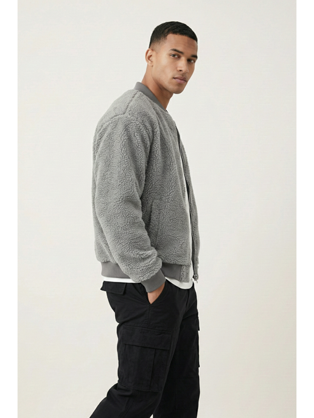 Gri Erkek Mont Pelüş İçi Astarlı Oversize Geniş Kalıp Sherpa Kuzu Kumaş Spor Mont-2