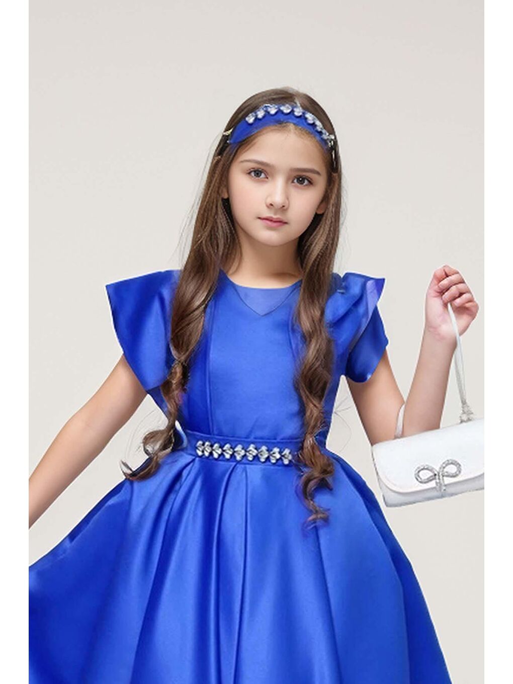 Kız Çocuk Omuzu Fiyonk Broş Detaylı Beli Taş Yonca İşlemeli Saks Mavi Elbise-2
