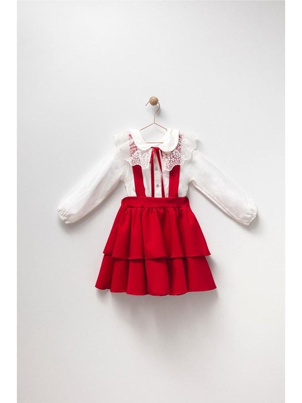 Karışık Kız Çocuk Dantelli Kırmızı Kat Kat Etekli Salopet Elbise