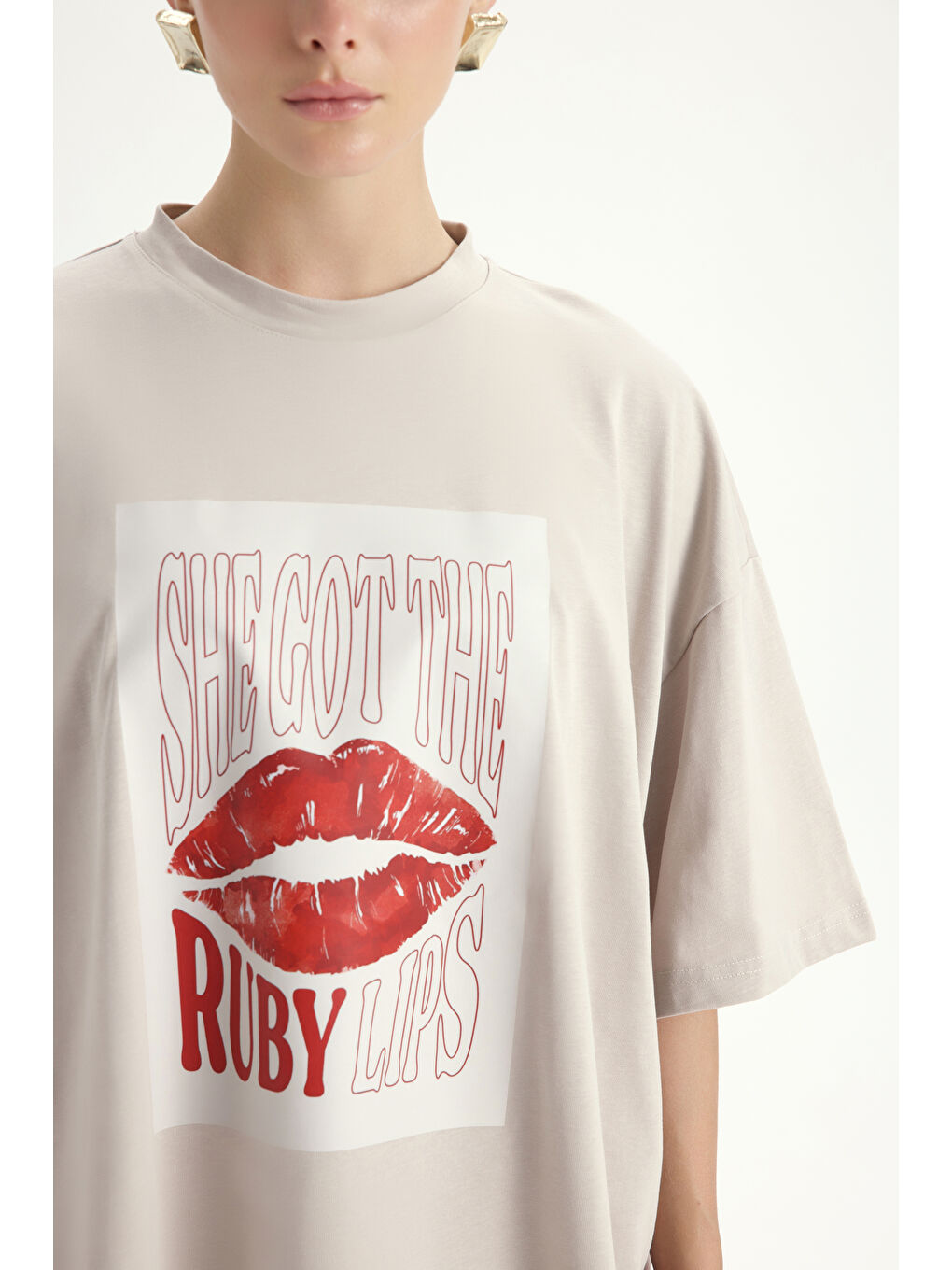 Bej Lip Print Oversize Taş T-Shirt-6