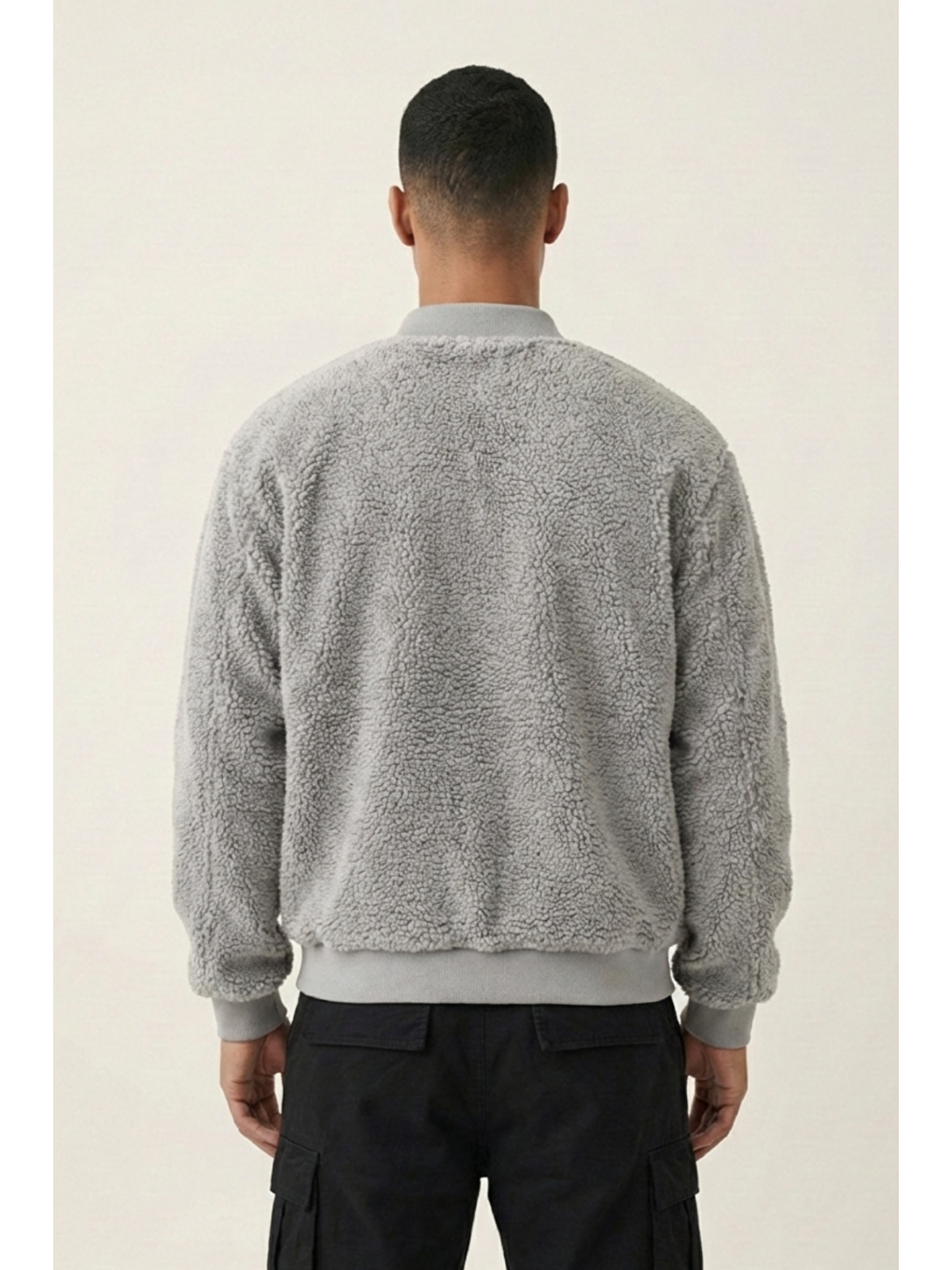 Gri Erkek Mont Pelüş İçi Astarlı Oversize Geniş Kalıp Sherpa Kuzu Kumaş Spor Mont-3