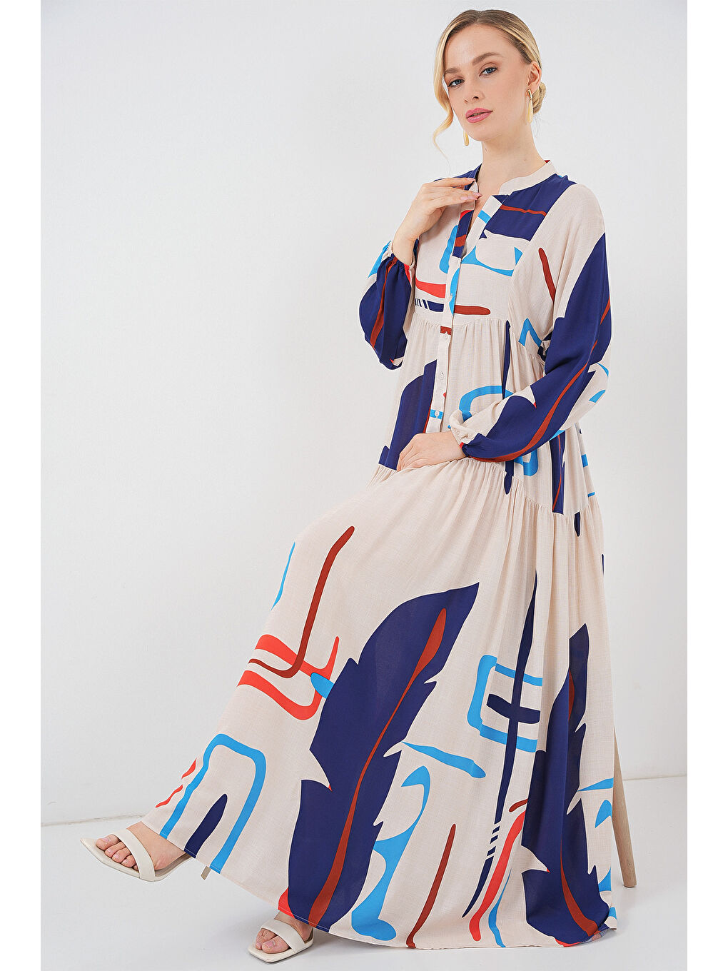 Bej Kadın Desenli Uzun Tesettür Elbise 2585 - D.Krem