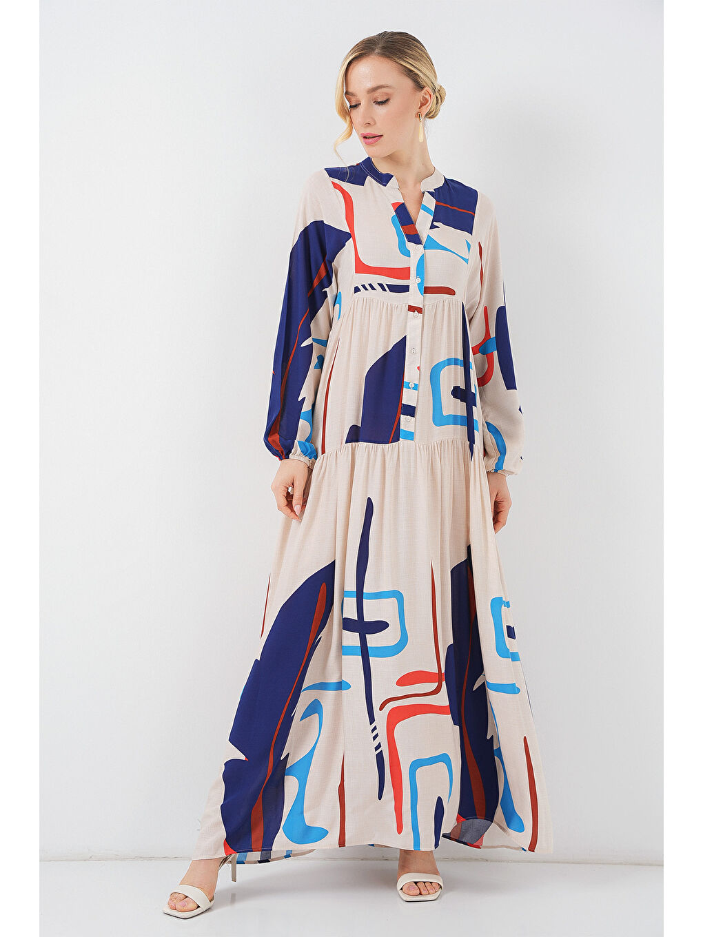 Bej Kadın Desenli Uzun Tesettür Elbise 2585 - D.Krem-1