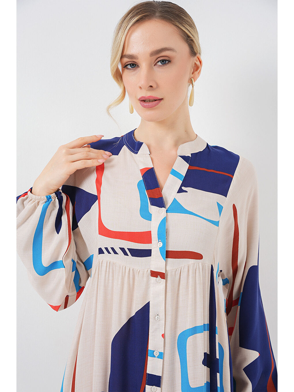 Bej Kadın Desenli Uzun Tesettür Elbise 2585 - D.Krem-2