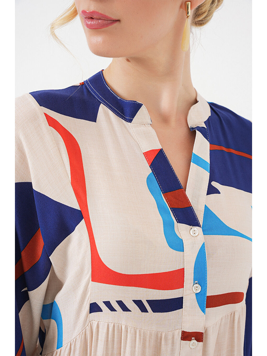 Bej Kadın Desenli Uzun Tesettür Elbise 2585 - D.Krem-4