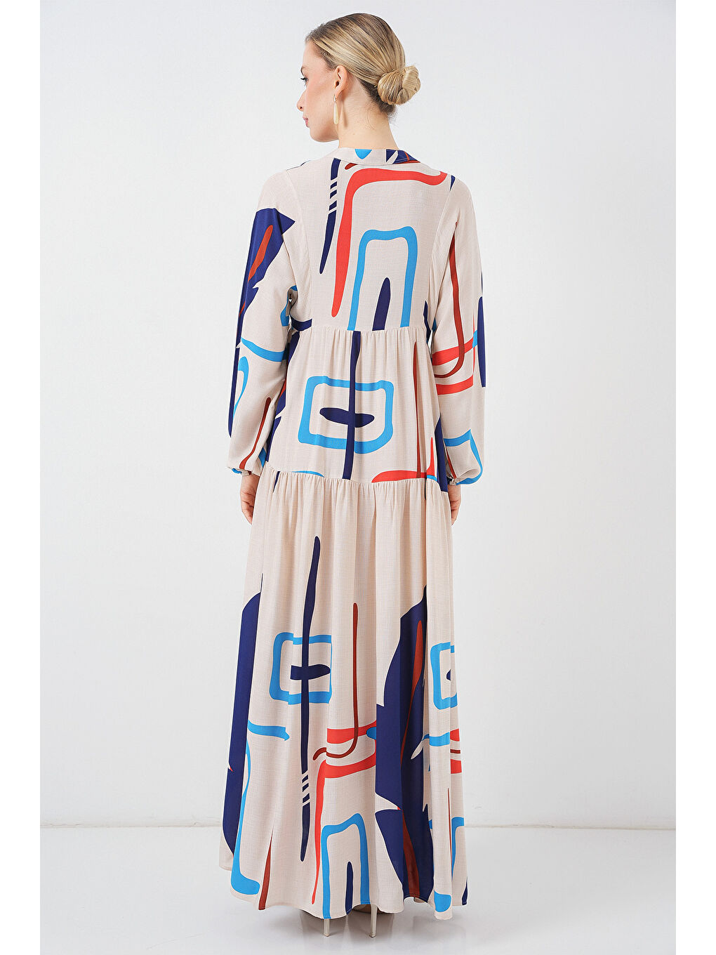 Bej Kadın Desenli Uzun Tesettür Elbise 2585 - D.Krem-5