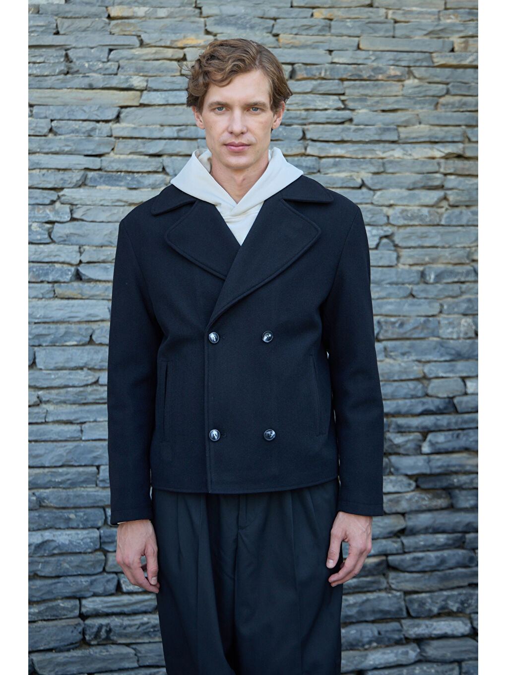 Erkek Kruvaze Kaşe Mont Ceket Siyah-1