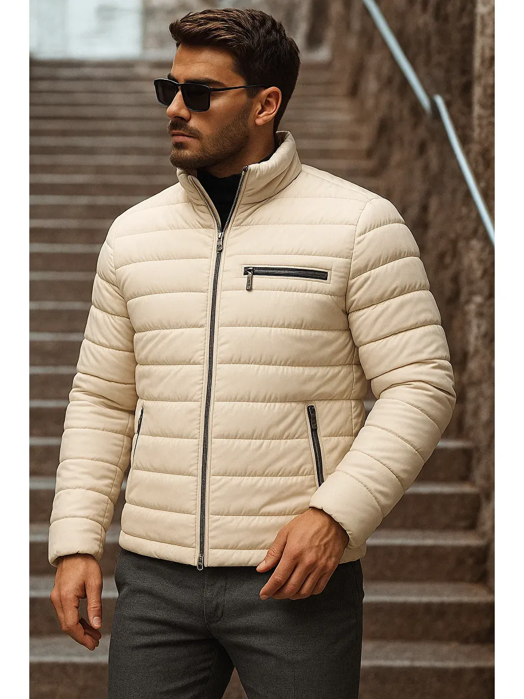 Ekru Erkek Kışlık Basic Dik Yaka Fermuarlı Krem Şişme Mont